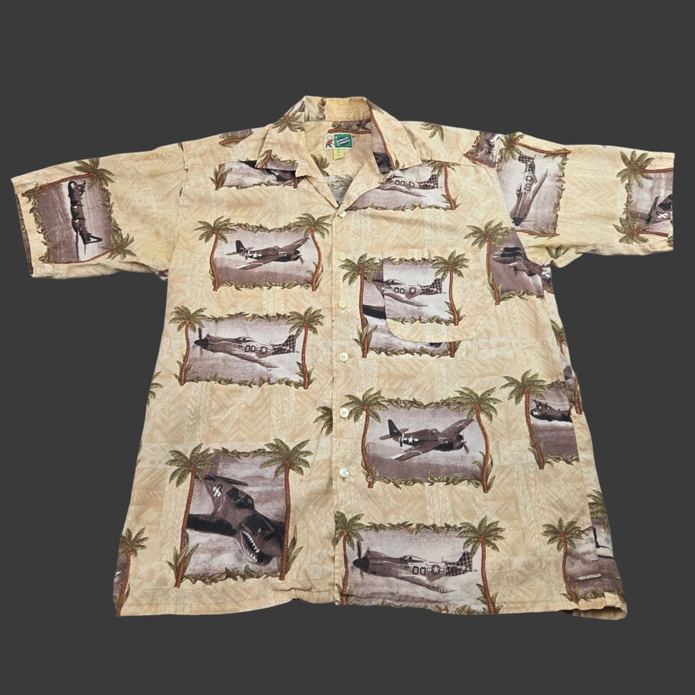 Vintage Johnny Cotton Button Up Shirt Small Tan Military Plane Hawaiian Made USA